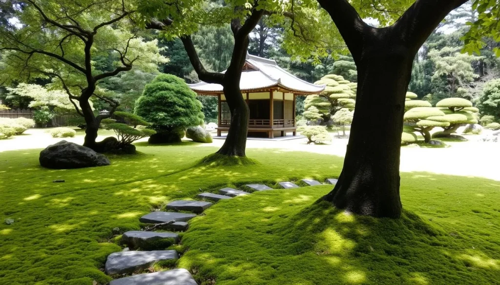 Moss garden at Yoshikien Garden in Nara with traditional tea house
