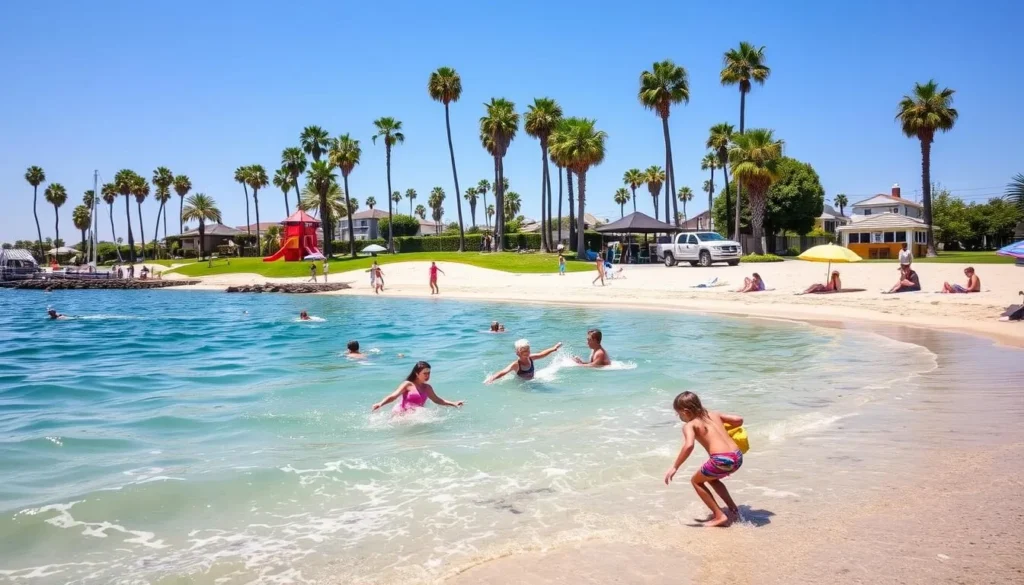 Mother's Beach in Marina del Rey with families enjoying the calm waters and sandy beach, one of the best things to do in Marina del Rey, California