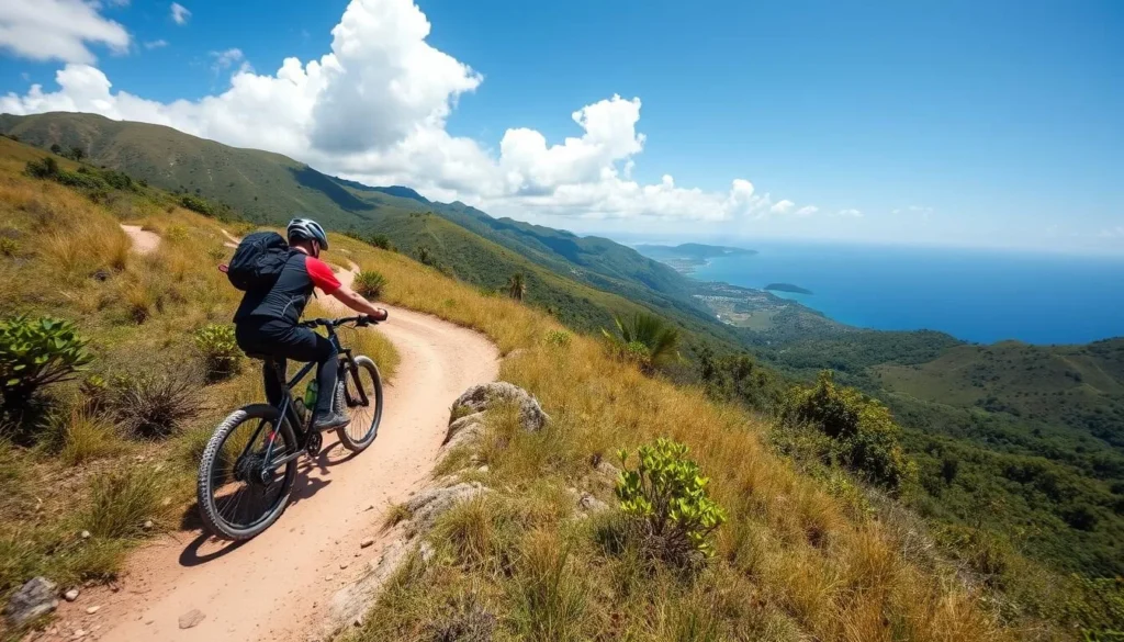 Mountain biker on a dirt trail with scenic views of Busuanga's countryside