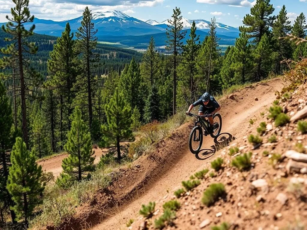 Mountain biker on downhill trail at Powderhorn Mountain Bike Park with Grand Mesa views