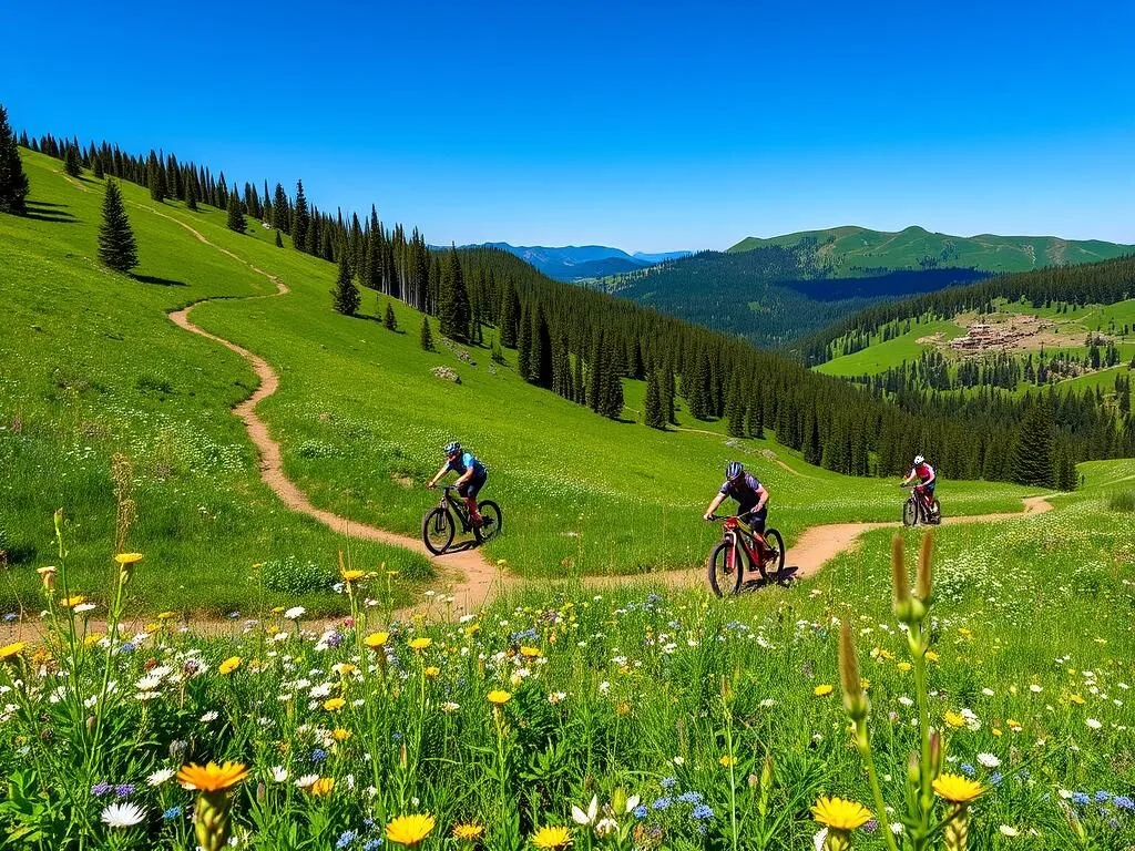 Mountain bikers riding downhill trails at Powderhorn Mountain Bike Park in summer