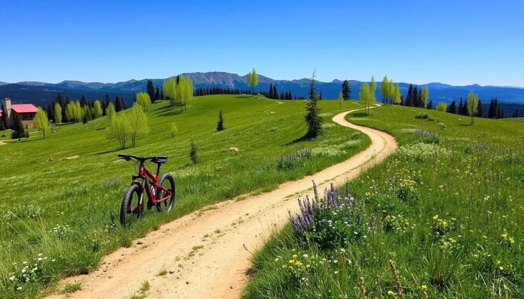 Mountain biking trail at Sunlight Mountain during summer with lush greenery