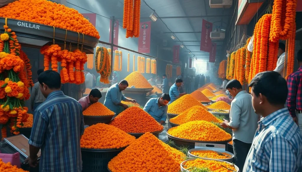 Mullick Ghat Flower Market in Kolkata with vendors selling colorful marigold flowers and making garlands Mullick Ghat Flower Market in Kolkata with vendors selling colorful marigold flowers and making garlands