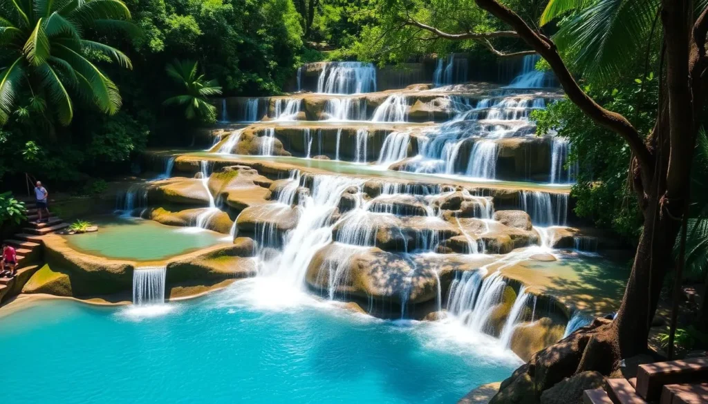 Multi-tiered Cambugahay Falls with turquoise pools and rope swings in Siquijor, Philippines
