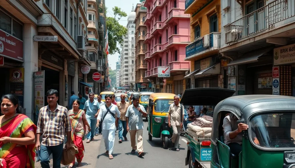 Mumbai street scene showing locals and tourists navigating the busy urban environment