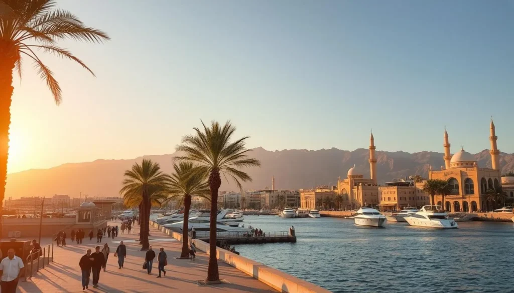 Muscat cityscape in warm afternoon light, with the Hajar Mountains in the background. A bustling port with traditional dhows and modern yachts in the harbor. People strolling along the seaside promenade, enjoying the mild weather and stunning views. Lush palm trees swaying gently in the breeze, complementing the ochre-colored buildings and towering minarets. The overall mood is serene and inviting, capturing the essence of the ideal time to visit Muscat - between October and April.