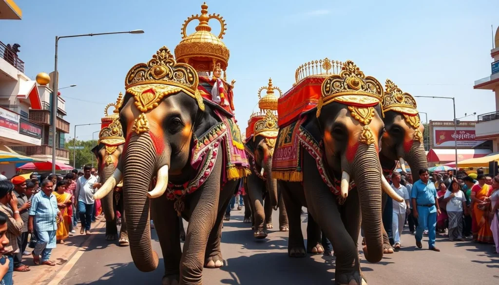 Mysore Dasara festival celebration with decorated elephants parading through streets filled with spectators during October