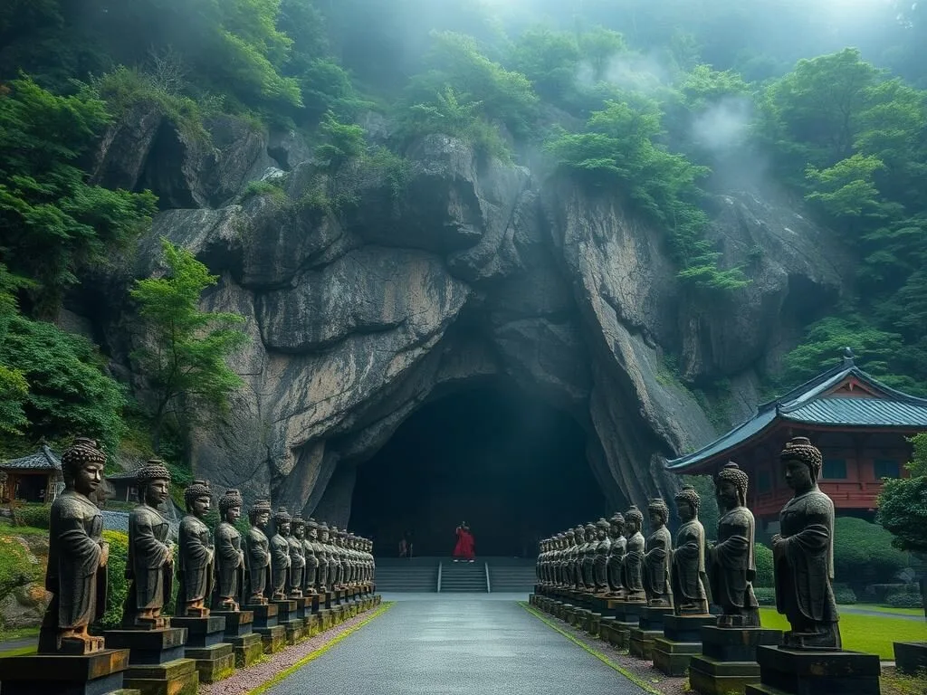 Mystical Reigando Cave where legendary swordsman Miyamoto Musashi wrote his famous Book of Five Rings, showing the cave entrance and surrounding temple grounds Mystical Reigando Cave where legendary swordsman Miyamoto Musashi wrote his famous Book of Five Rings, showing the cave entrance and surrounding temple grounds