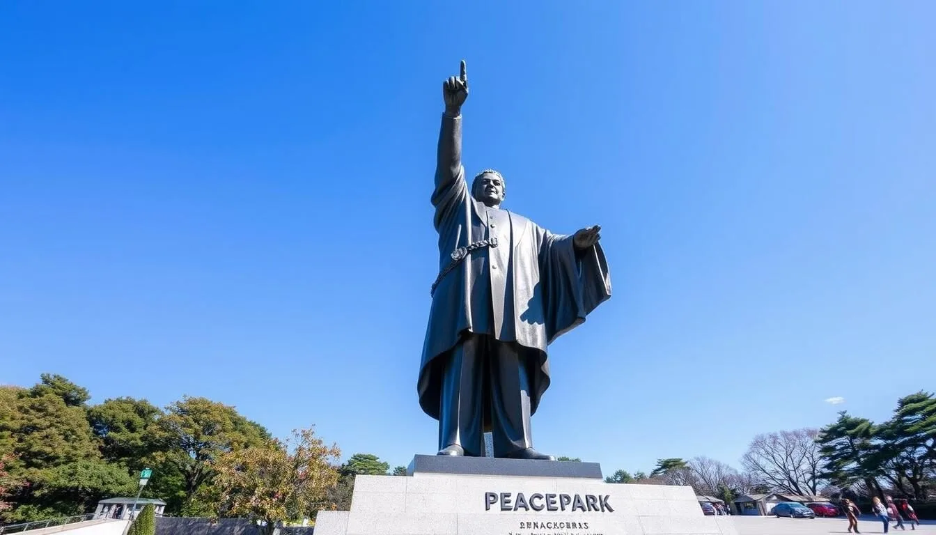 Nagasaki Peace Park statue with its raised arm pointing to the sky, symbolizing peace in Nagasaki City, Japan