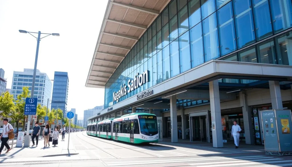Nagasaki Station with its modern architecture and trams waiting outside, a main transportation hub in Nagasaki City, Japan