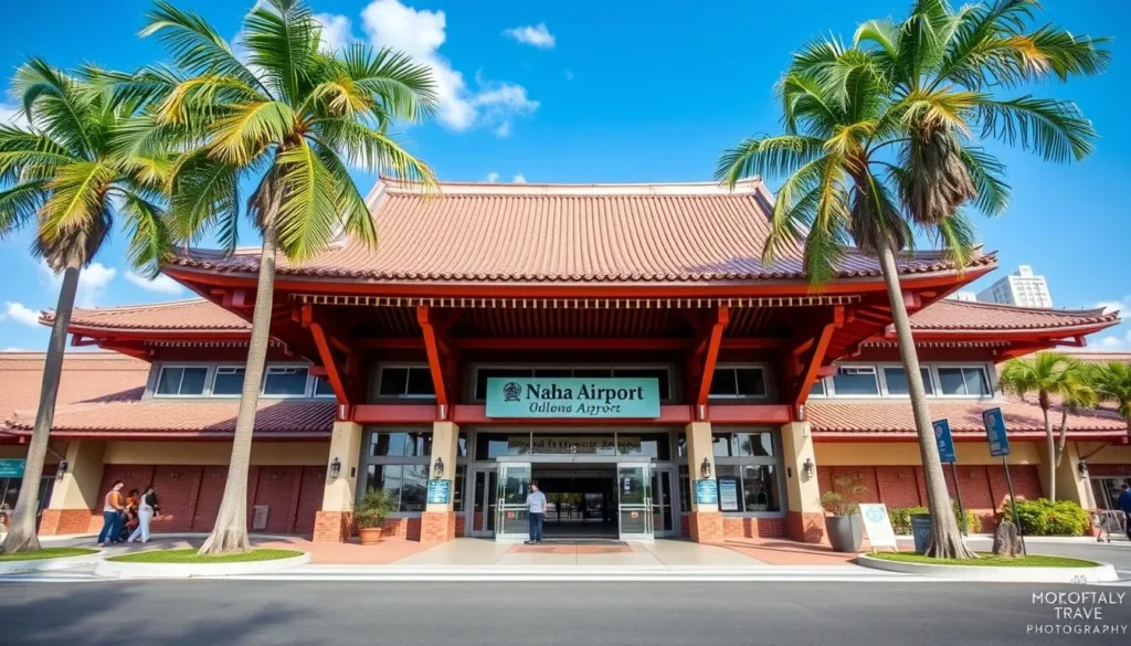 Naha Airport entrance with traditional Okinawan architectural elements Naha Airport entrance with traditional Okinawan architectural elements