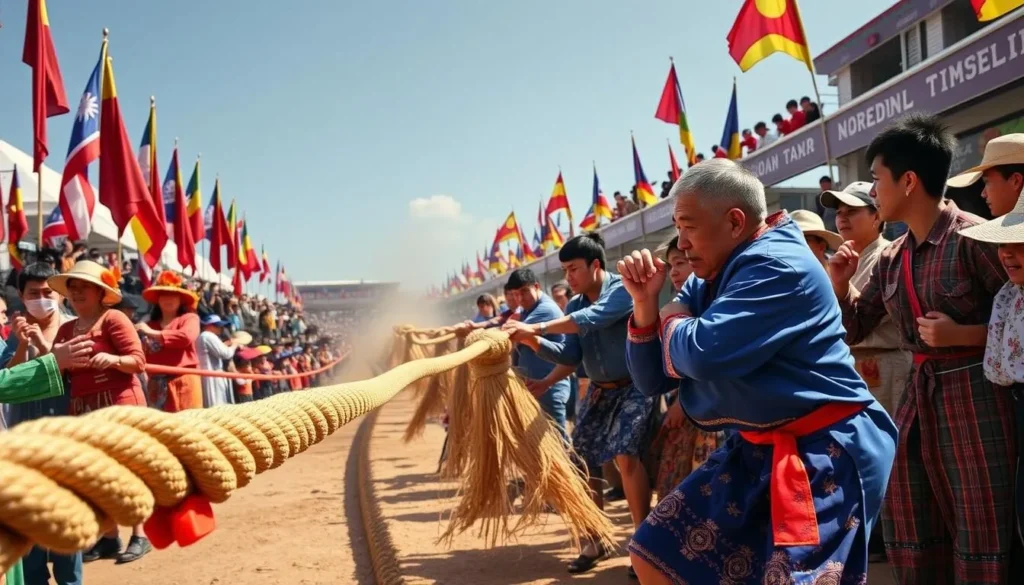 Naha Tug-of-War Festival with large crowds pulling the massive rope Naha Tug-of-War Festival with large crowds pulling the massive rope