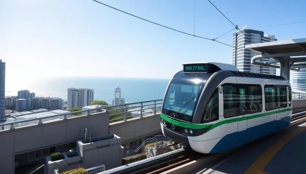Naha Yui Rail monorail train passing through the city with ocean view Naha Yui Rail monorail train passing through the city with ocean view