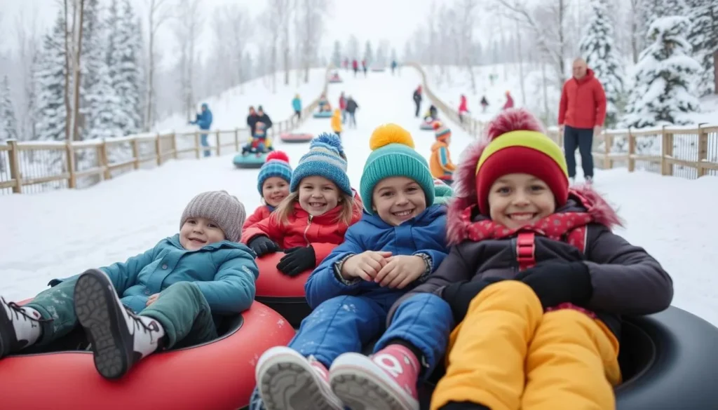 Nakiska tube park with families tubing down the hill