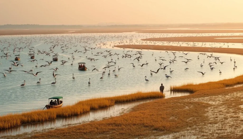Nal Sarovar Bird Sanctuary near Ahmedabad showing the lake with migratory birds and boat rides Nal Sarovar Bird Sanctuary near Ahmedabad showing the lake with migratory birds and boat rides