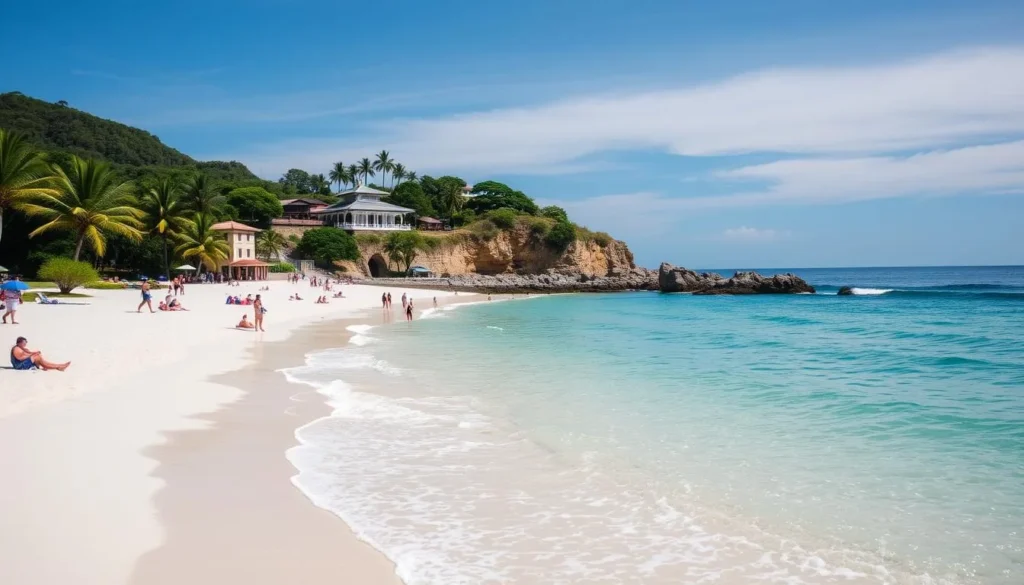 Naminoue Beach with white sand, blue water, and Naminoue Shrine visible on the cliff Naminoue Beach with white sand, blue water, and Naminoue Shrine visible on the cliff