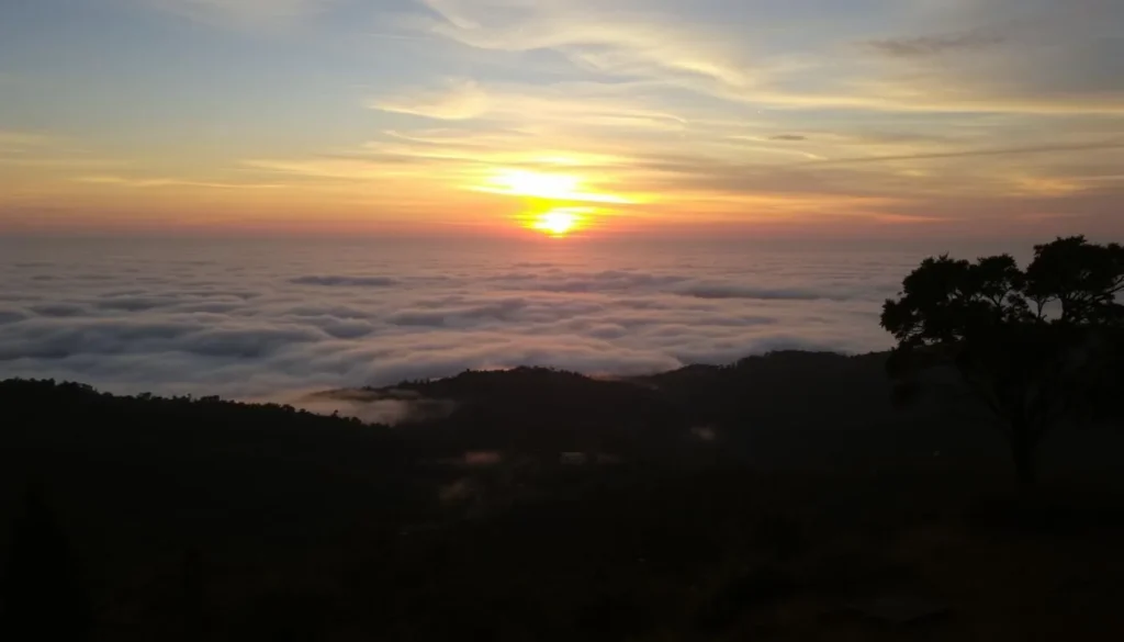 Nandi Hills sunrise view with clouds below and lush green landscape Nandi Hills sunrise view with clouds below and lush green landscape