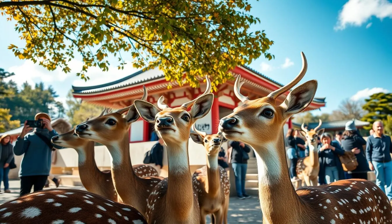 Nara City Japan deer bowing to tourists in front of ancient temple