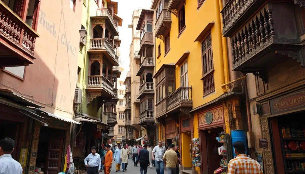 Narrow colorful streets inside the Walled City of Lahore with traditional architecture