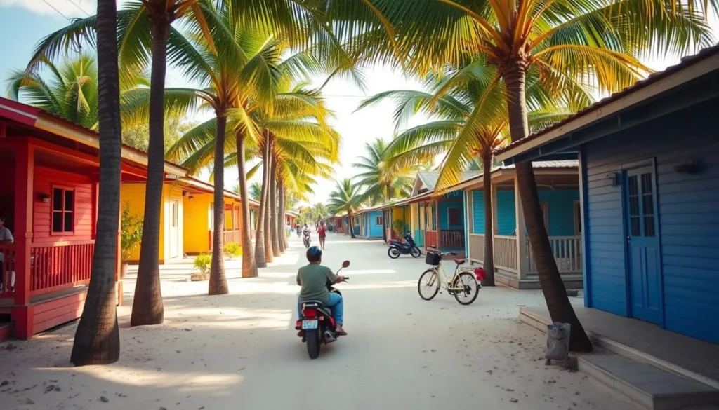 Narrow sandy path winding through palm trees and local houses on Malapascua Island Narrow sandy path winding through palm trees and local houses on Malapascua Island