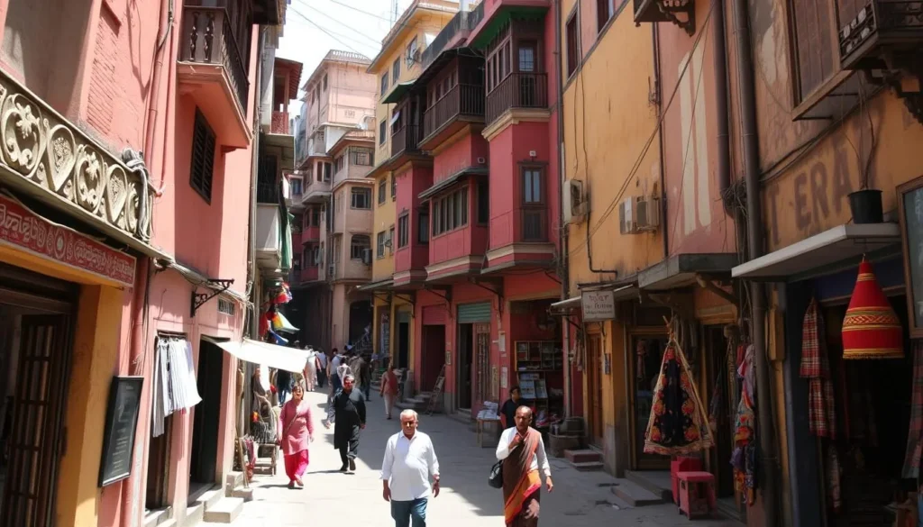 Narrow winding streets of Varanasi with colorful buildings, shops, and locals going about their daily activities