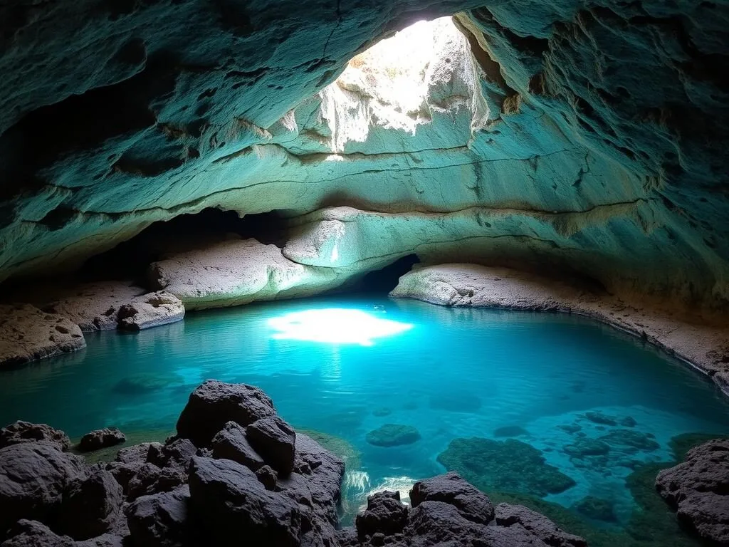 Natural pool inside Ogtong Cave with clear blue water Natural pool inside Ogtong Cave with clear blue water