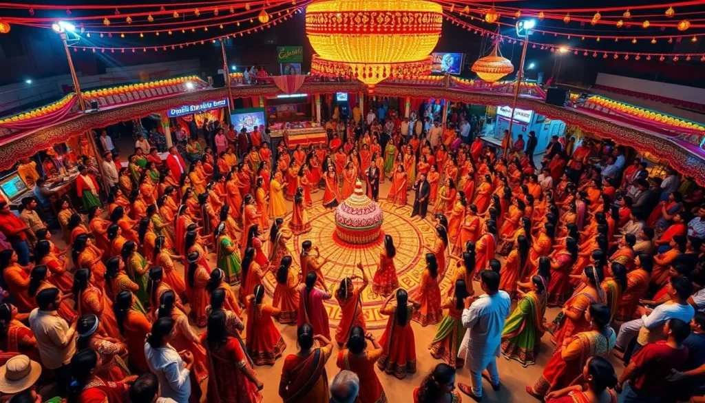 Navratri celebration in Ahmedabad showing traditional Garba dance with colorfully dressed participants Navratri celebration in Ahmedabad showing traditional Garba dance with colorfully dressed participants