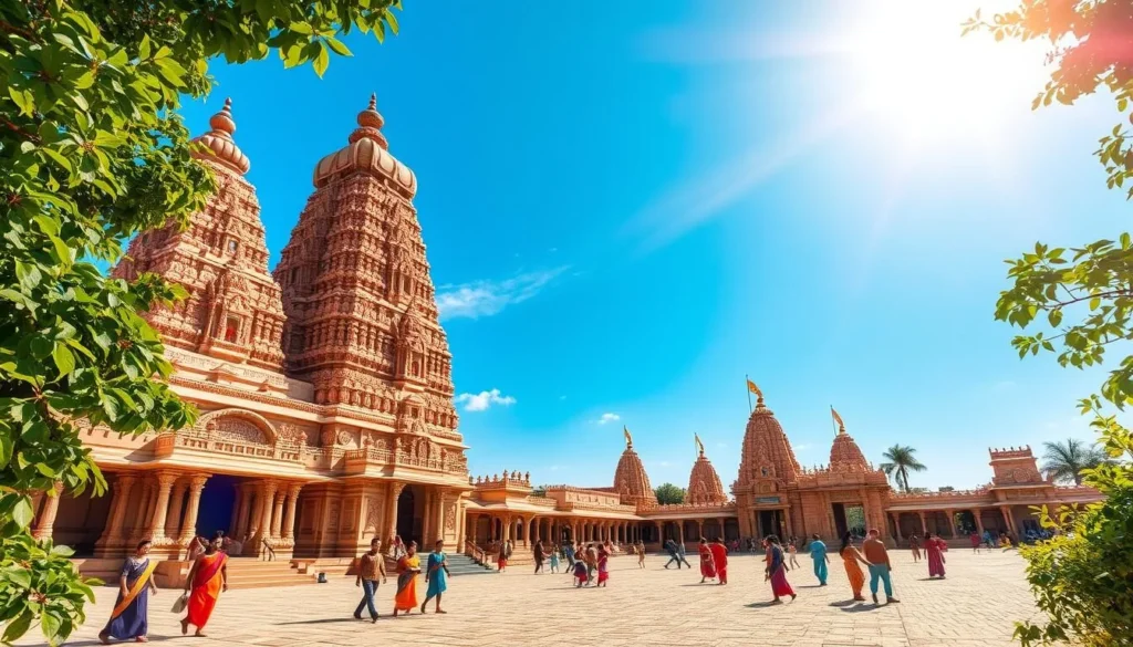 Nellore Temples: A Breathtaking Architectural Tapestry A vibrant, sun-dappled scene showcasing the ornate, intricately carved temples of Nellore, Andhra Pradesh. Towering spires and domes rise gracefully against a clear, azure sky, their intricate details and vibrant hues casting a mesmerizing glow. In the foreground, worshippers and pilgrims traverse the grand, stone-paved courtyard, their colorful robes and serene expressions adding to the peaceful ambiance. Lush, verdant foliage frames the scene, complementing the timeless, awe-inspiring architecture. Capture the essence of Nellore's spiritual heritage and the charm of its sacred spaces, all bathed in the warm, golden light of a tranquil day.