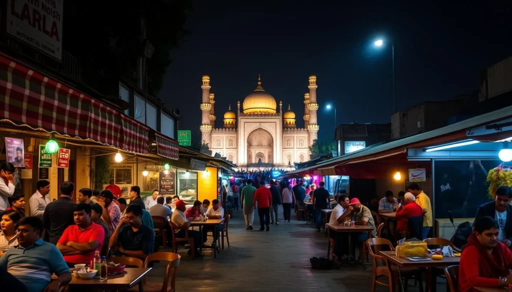 Night view of Fort Road Food Street with illuminated Badshahi Mosque in background