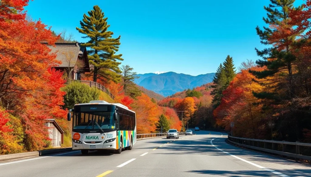 Nikko's sightseeing bus traveling along the scenic Irohazaka winding road Nikko's sightseeing bus traveling along the scenic Irohazaka winding road