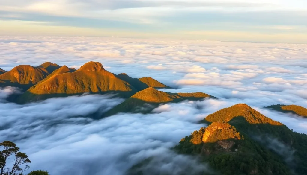 Nilgiri Hills viewpoint in Bandarban with clouds floating below the mountain peaks