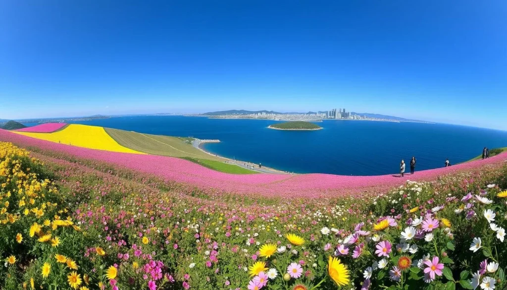Nokonoshima Island Park with fields of colorful seasonal flowers and ocean view