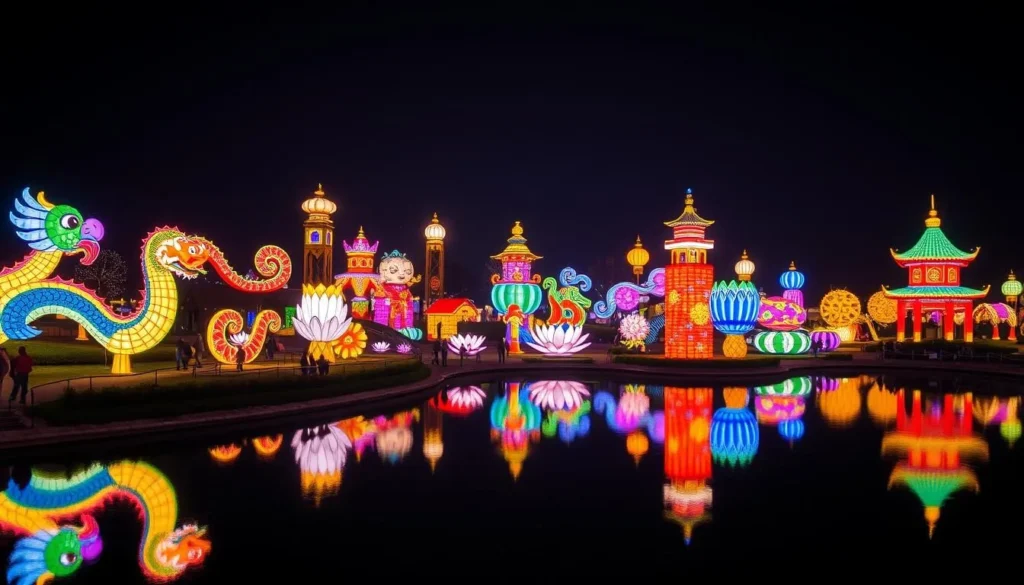 North Carolina Chinese Lantern Festival at Koka Booth Amphitheatre showing elaborate illuminated displays