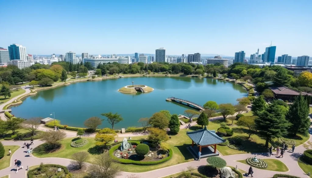 Ohori Park in Fukuoka with traditional Japanese garden, lake, and walking paths