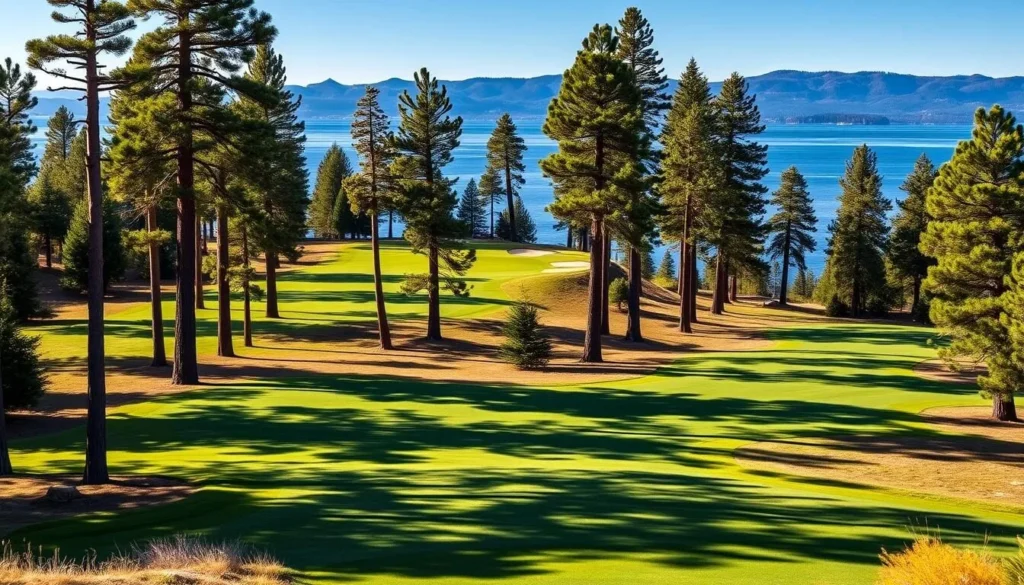 Old Brockway Golf Course in Kings Beach with Lake Tahoe views and pine trees Old Brockway Golf Course in Kings Beach with Lake Tahoe views and pine trees