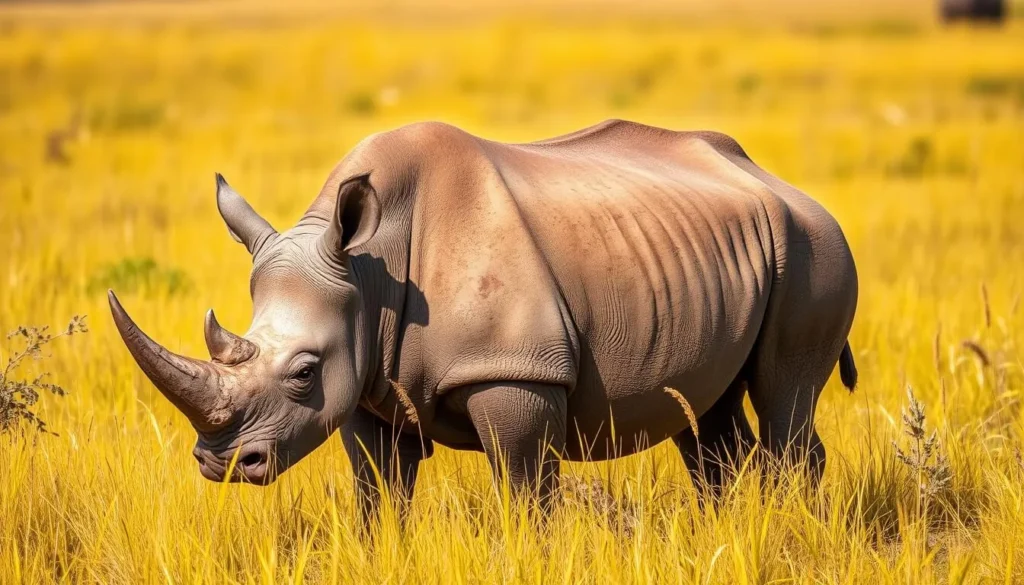 One-horned rhinoceros grazing in grassland at Bardiya National Park