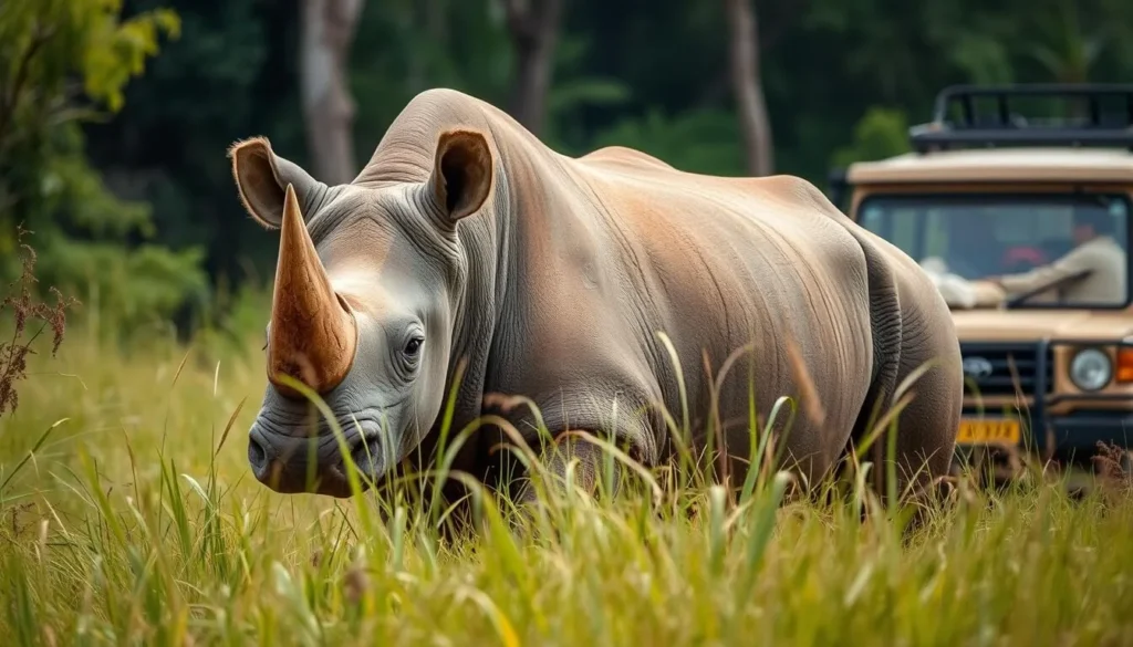 One-horned rhinoceros in Chitwan National Park with safari jeep in background