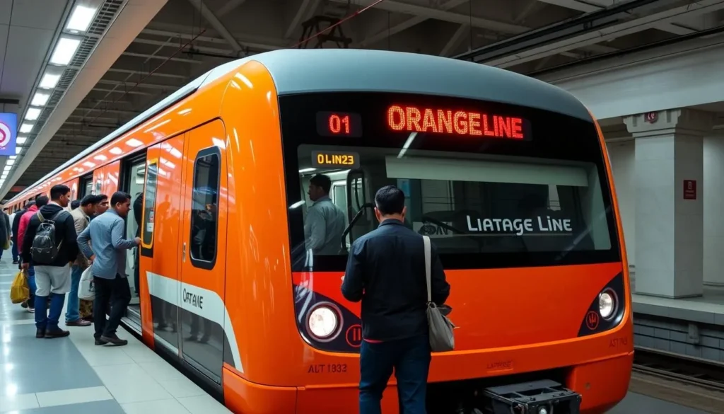 Orange Line Metro train in Lahore with passengers boarding