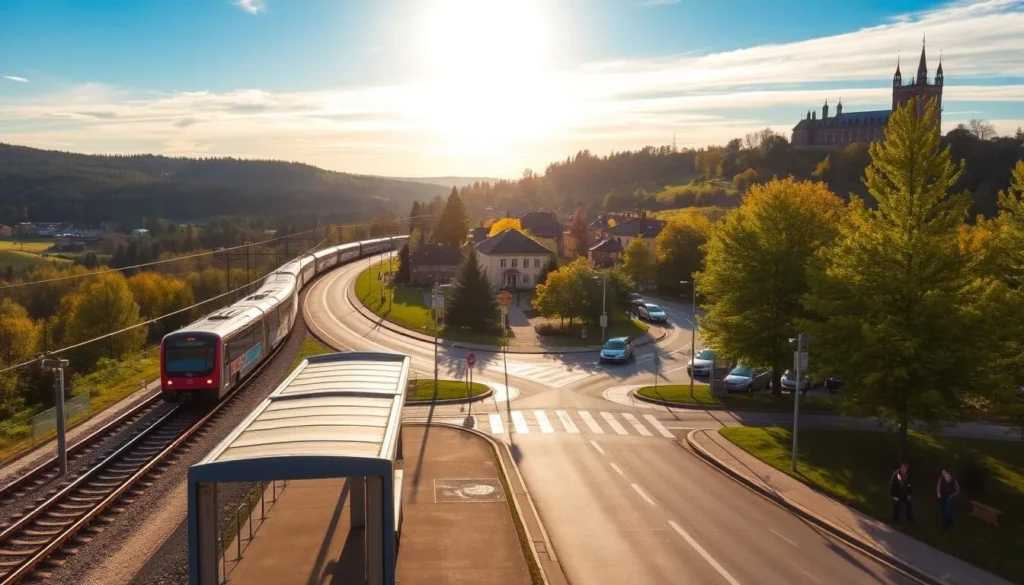 Örebro County Transportation: A scenic journey through the heart of Sweden. Rolling hills, lush forests, and charming towns come into view as a modern commuter train glides effortlessly along the tracks. The sun's warm rays bathe the landscape in a soft, golden glow, creating a tranquil and inviting atmosphere. In the foreground, a well-maintained bus stop stands ready to shuttle passengers to their local destinations. The middle ground features a bustling intersection where cars, cyclists, and pedestrians seamlessly navigate the roads. In the distance, the iconic spires of Örebro Castle rise majestically, hinting at the rich history and culture that awaits visitors to this captivating county.
