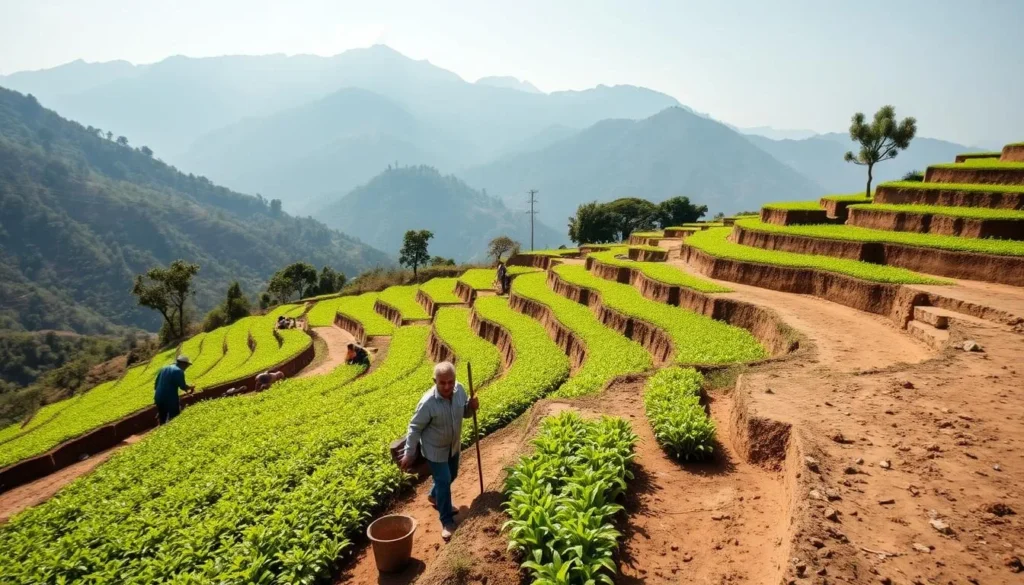 Organic terraced farms in Chitlang with farmers working in fields