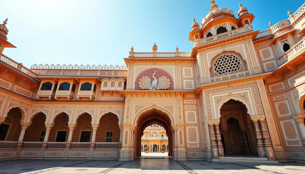 Ornate courtyard of City Palace Jaipur with peacock gate and traditional Rajasthani architecture