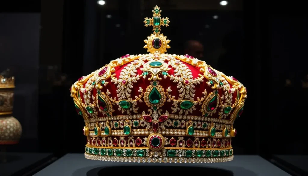 Ornate crown with jewels from the Treasury of National Jewels, cultural things to do in Tehran Iran Ornate crown with jewels from the Treasury of National Jewels, cultural things to do in Tehran Iran