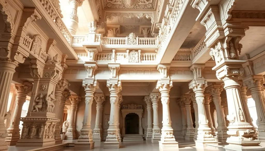 Ornate interior of Ganga Mandir temple in Bharatpur showing marble sculptures and detailed carvings Ornate interior of Ganga Mandir temple in Bharatpur showing marble sculptures and detailed carvings