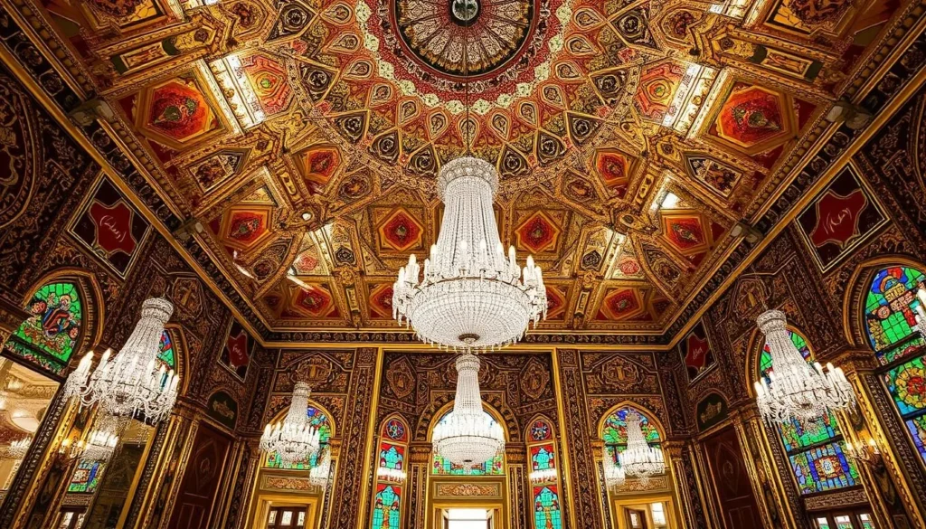 Ornate interior of Golestan Palace with mirror work and chandeliers, one of the best things to do in Tehran Iran Ornate interior of Golestan Palace with mirror work and chandeliers, one of the best things to do in Tehran Iran