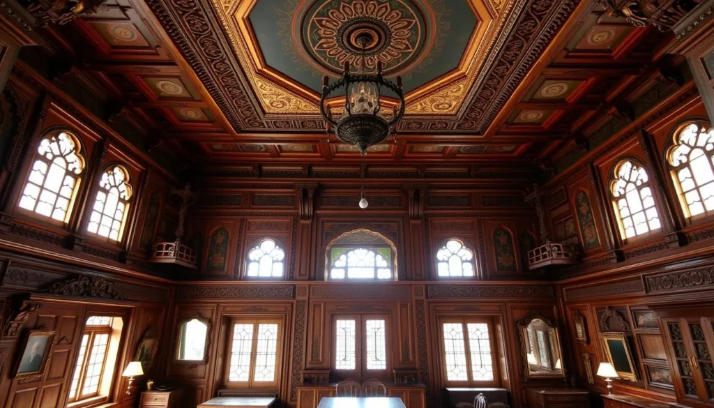 Ornate interior of Sethi House with wooden carvings and decorations