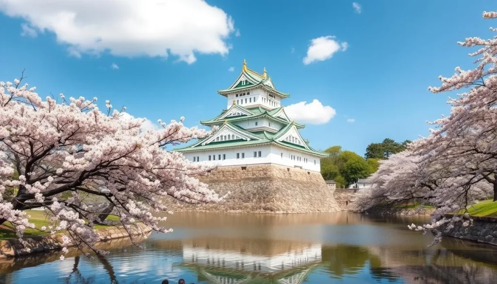 Osaka Castle surrounded by cherry blossoms in spring with blue sky background