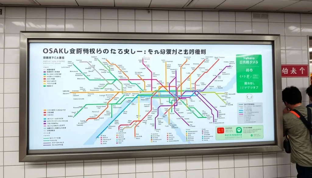 Osaka Metro subway map showing colorful lines connecting major districts and attractions