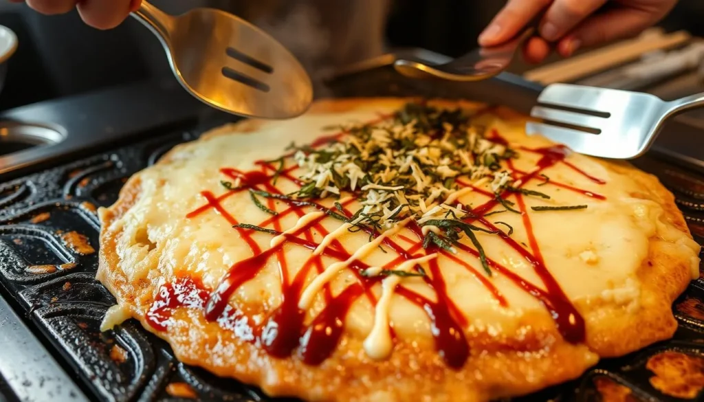 Osaka-style okonomiyaki being cooked on a hot grill with various toppings and sauces