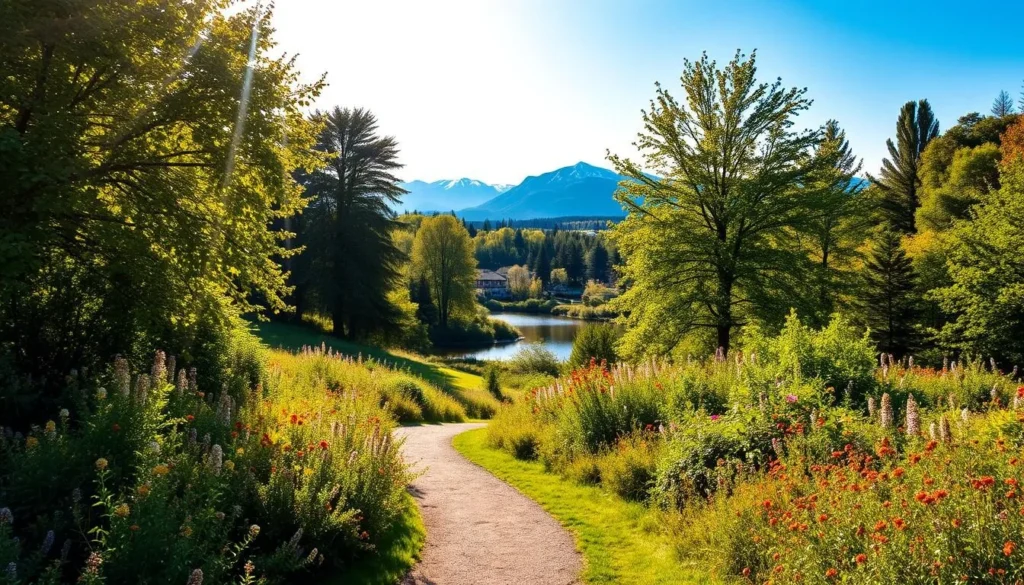 Oslo parks nature - a lush, verdant oasis amidst the bustling city. In the foreground, a winding path meanders through a tapestry of vibrant wildflowers and towering trees, their leaves gently swaying in the warm breeze. The middle ground reveals a tranquil pond, its still surface reflecting the azure sky above. In the distance, the silhouettes of majestic mountains rise, their peaks capped with glistening snow. Soft, diffused sunlight filters through the canopy, casting a golden glow over the serene scene. Capture the essence of Oslo's urban green spaces, where nature and city seamlessly converge.