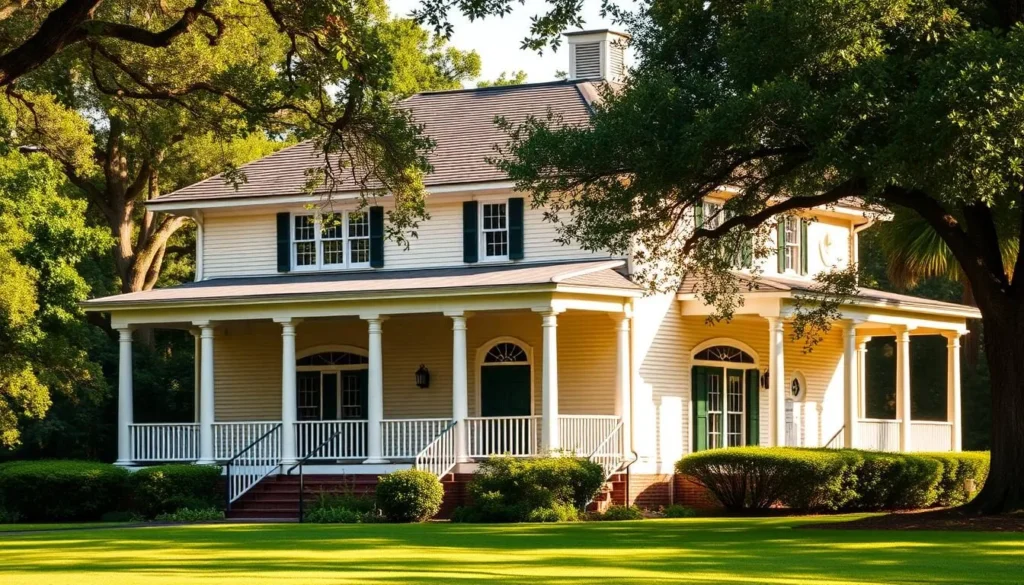 Ossabaw Island Historic Club House, a stately and well-preserved structure standing amidst lush greenery. Capture its charming, Southern-style architecture with wide verandas, columned porticos, and a warm, inviting aesthetic. Utilize natural, warm lighting to highlight the building's intricate details and textured walls. Position the camera at a slightly elevated angle to showcase the structure's grandeur and its harmonious integration with the surrounding landscape. Convey a sense of tranquility, history, and the island's cultural significance through this picturesque representation.
